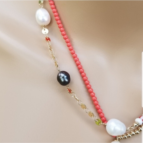 LOFT NWT COLORED GLASS BEAD & BAROQUE PEARL LAYERED NECKLACE - Picture 4 of 8